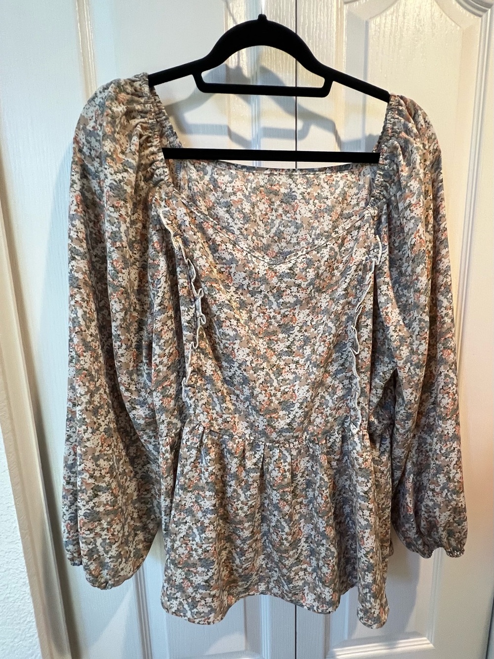 SHEIN Curve Women’s Plus 2XL Multicolor Floral Square Neck Puff Sleeve Blouse